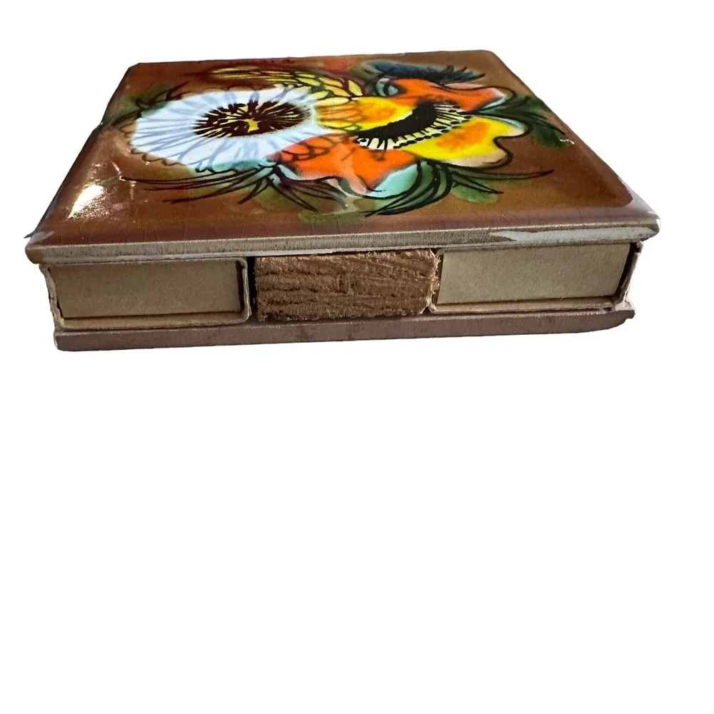 Vintage Ceramic Matchbox Tile Floral 4 Matchbooks Handmade 70's‎